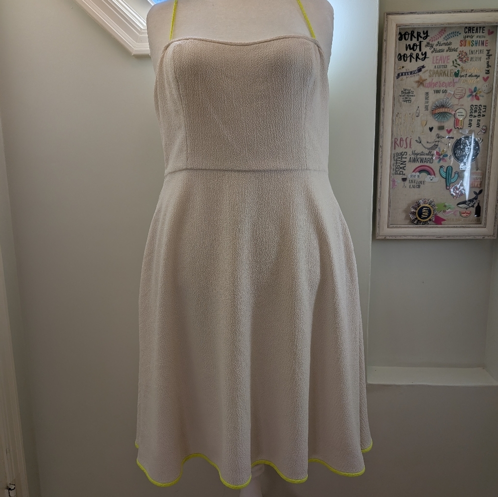 White A-Line dress with neon yellow straps and trim